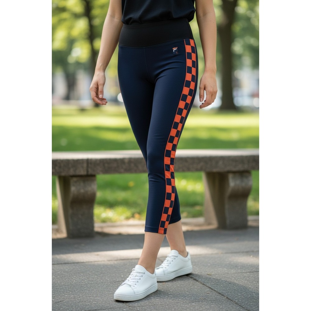 P.E Nation Navy Blue Orange Checkered Side Stripe Cropped Leggings S NWOT $139